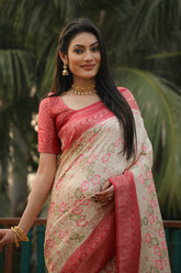 Glorious Kanjivaram Cream & Red Color Soft Silk Saree
